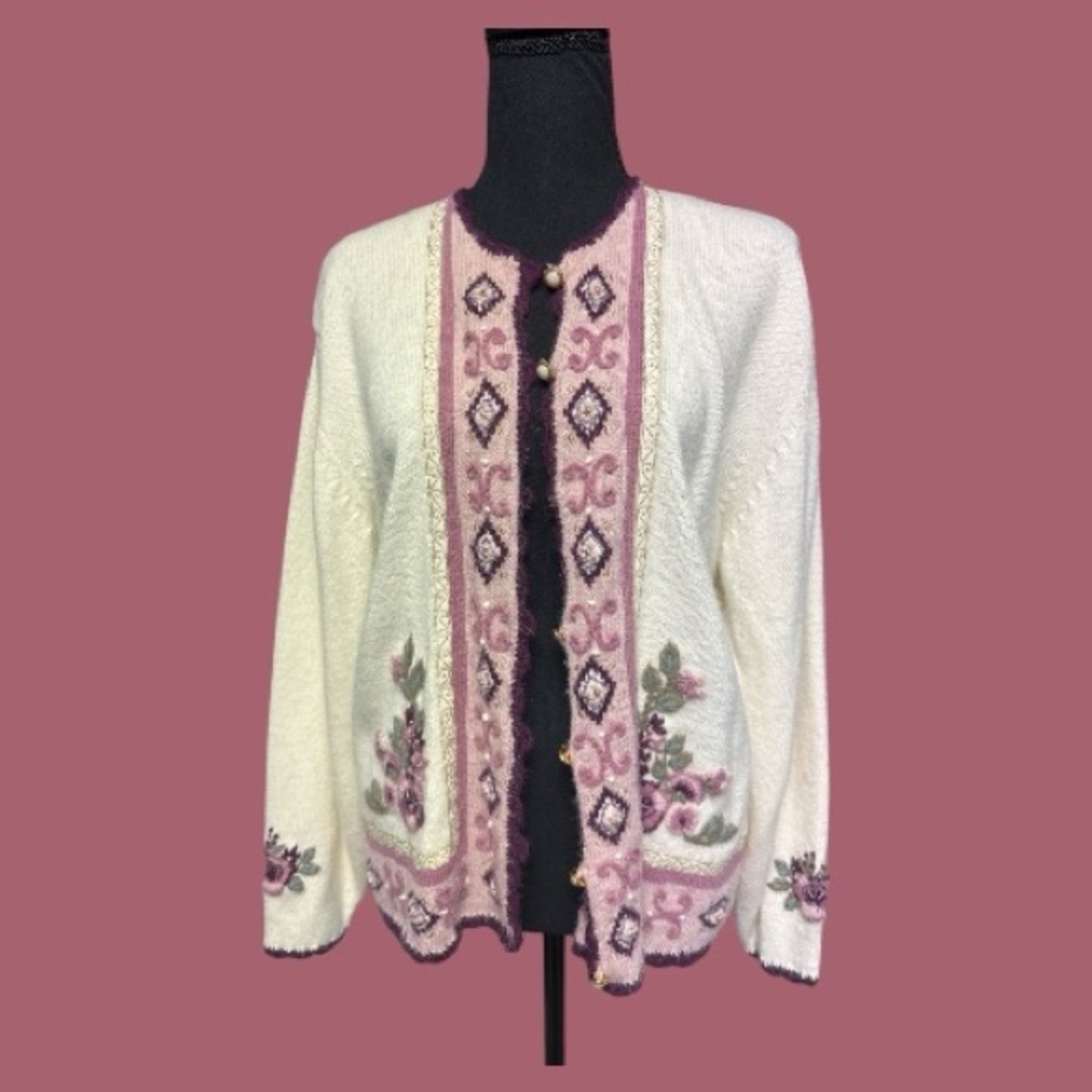 Vintage Koret Floral Embroidery Cream And Purple Cardigan Size Large